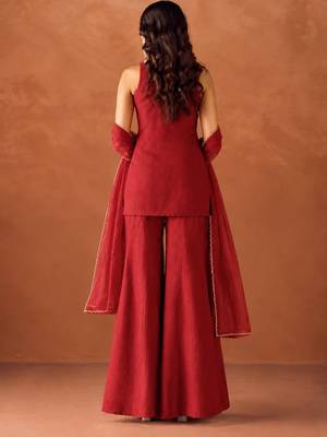Women's red silk blend embroidered kurti set for women with dupatta and palazzo 5