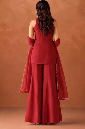 Women's red silk blend embroidered kurti set for women with dupatta and palazzo