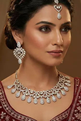 White yellow gold premium designer american diamond and stone work necklace set
