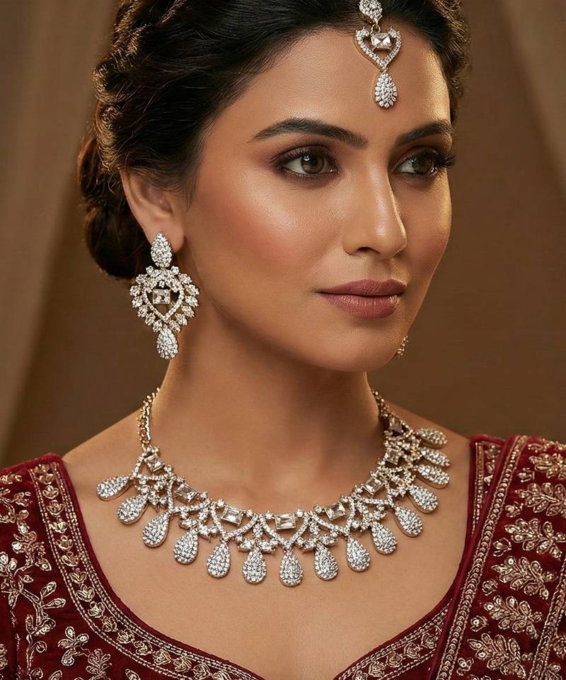 White yellow gold premium designer american diamond and stone work necklace set