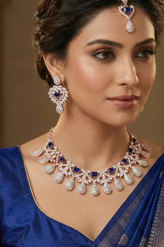 Blue rose gold premium designer american diamond and stone work necklace set