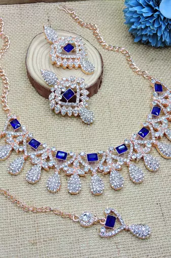 Blue rose gold premium designer american diamond and stone work necklace set