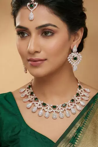 Green rose gold premium designer american diamond and stone work necklace set