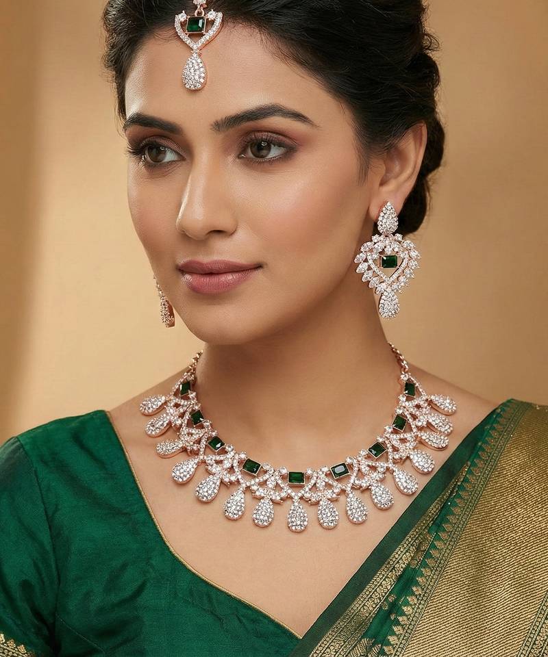 Green rose gold premium designer american diamond and stone work necklace set