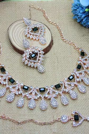 Green rose gold premium designer american diamond and stone work necklace set