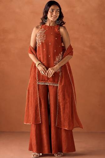 Women's orange orange
silk blend embroidered kurti set for women with dupatta and palazzo