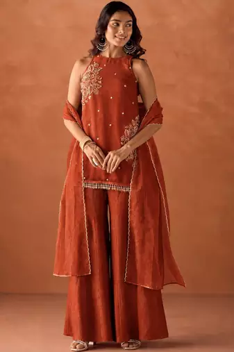 Women's orange orange
silk blend embroidered kurti set for women with dupatta and palazzo
