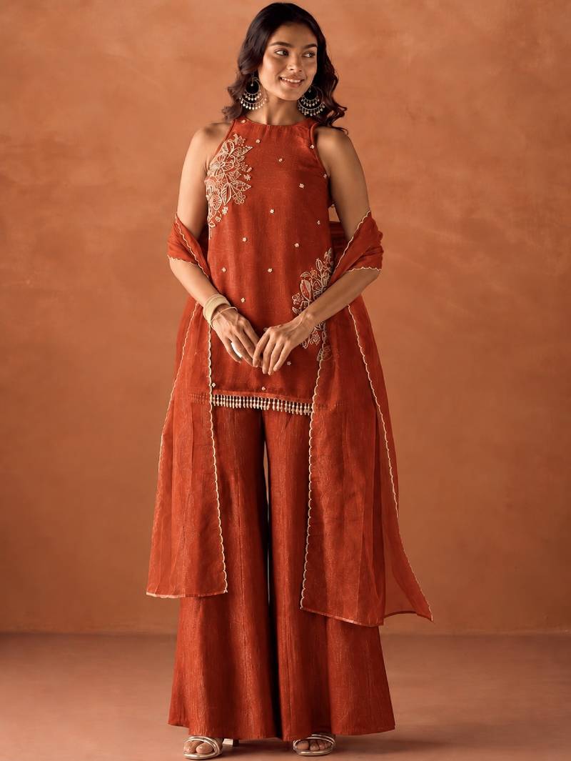 Women's orange orange
silk blend embroidered kurti set for women with dupatta and palazzo