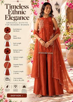 Women's orange orange
silk blend embroidered kurti set for women with dupatta and palazzo 2