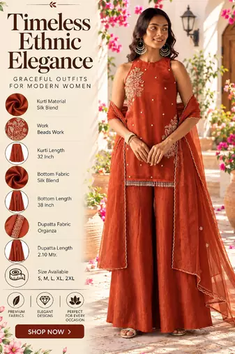 Women's orange orange
silk blend embroidered kurti set for women with dupatta and palazzo