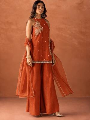 Women's orange orange
silk blend embroidered kurti set for women with dupatta and palazzo 3