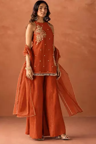 Women's orange orange
silk blend embroidered kurti set for women with dupatta and palazzo