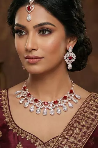 Maroon rose gold premium designer american diamond and stone work necklace set