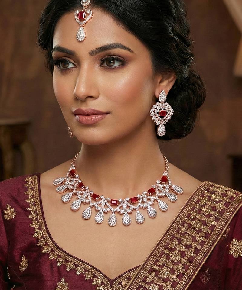 Maroon rose gold premium designer american diamond and stone work necklace set