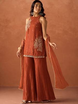 Women's orange orange
silk blend embroidered kurti set for women with dupatta and palazzo 4