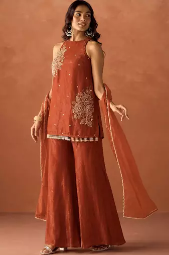 Women's orange orange
silk blend embroidered kurti set for women with dupatta and palazzo