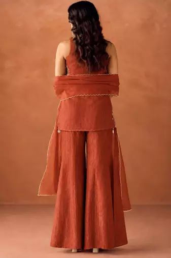 Women's orange orange
silk blend embroidered kurti set for women with dupatta and palazzo