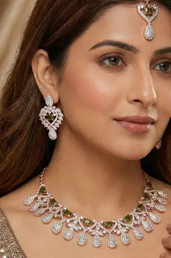 Green rose gold premium designer american diamond and stone work necklace set