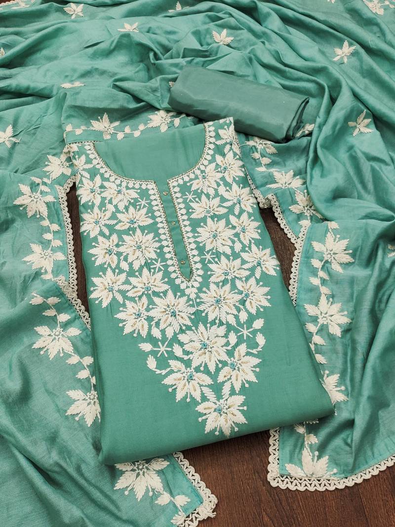 green silk blend thread dress material