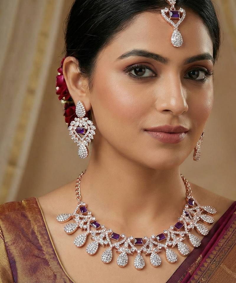 Blue rose gold premium designer american diamond and stone work necklace set