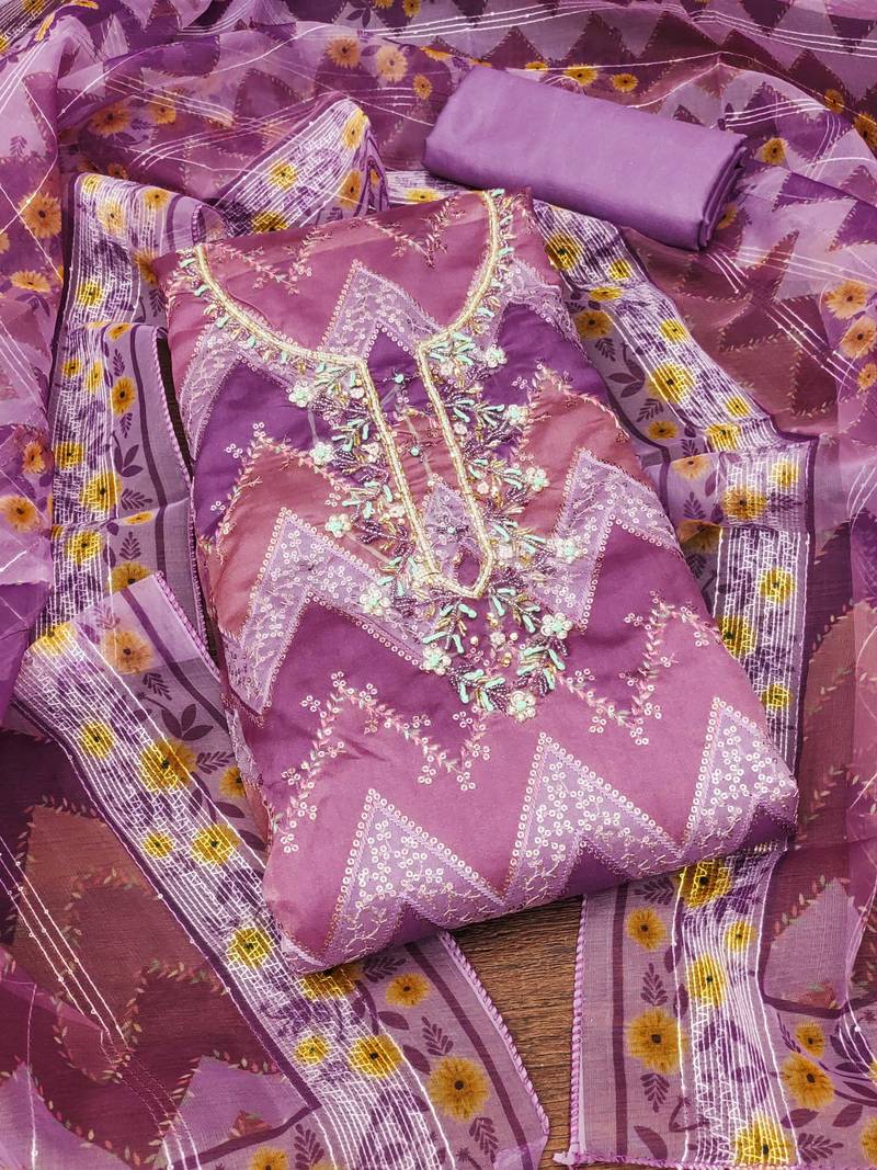 purple organza sequins dress material