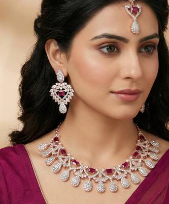 Purple rose gold premium designer american diamond and stone work necklace set 1