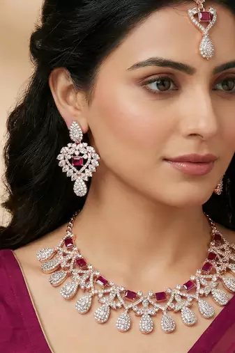 Purple rose gold premium designer american diamond and stone work necklace set