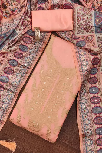 peach jacquard weaved dress material
