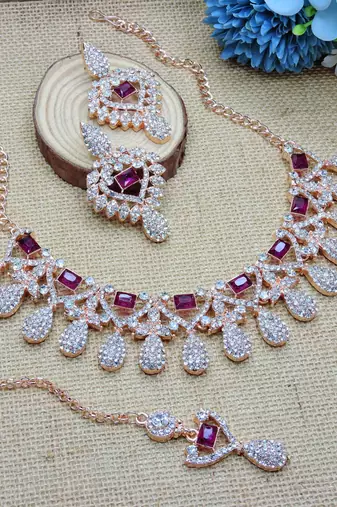 Purple rose gold premium designer american diamond and stone work necklace set