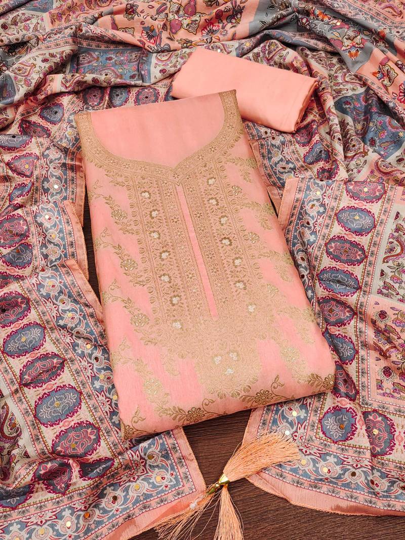 peach jacquard weaved dress material