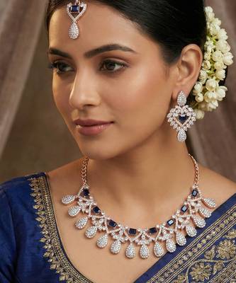 Blue rose gold premium designer american diamond and stone work necklace set 1