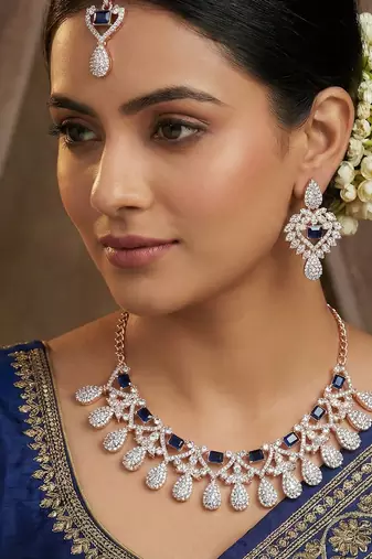 Blue rose gold premium designer american diamond and stone work necklace set