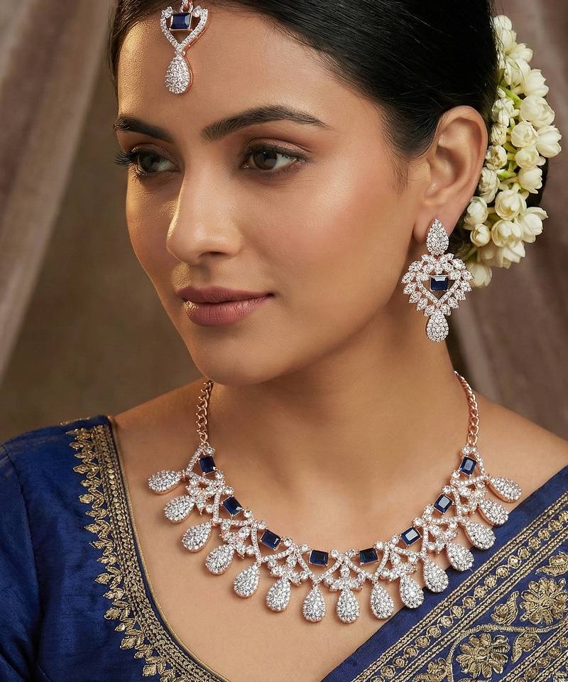 Blue rose gold premium designer american diamond and stone work necklace set