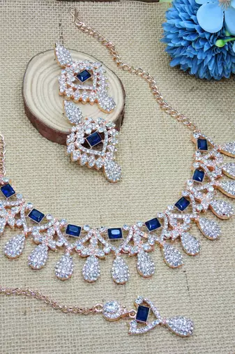Blue rose gold premium designer american diamond and stone work necklace set