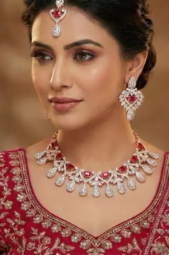 Pink rose gold premium designer american diamond and stone work necklace set