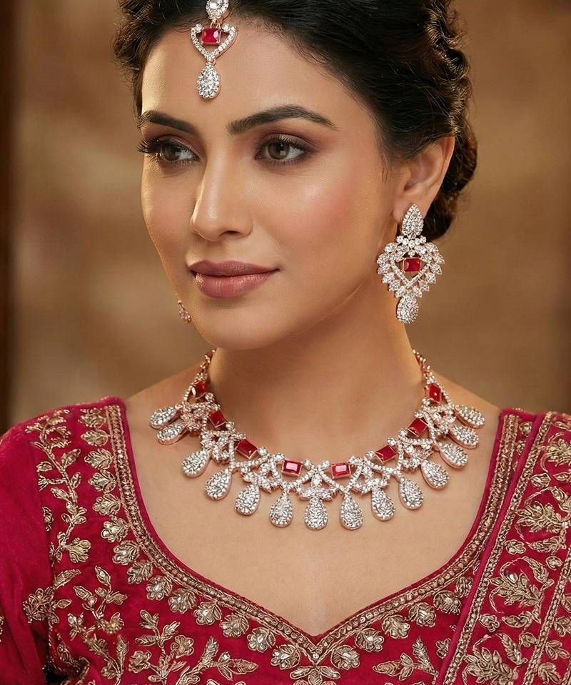 Pink rose gold premium designer american diamond and stone work necklace set