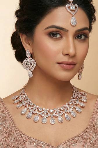 White rose gold premium designer american diamond and stone work necklace set