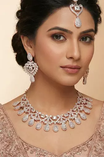 White rose gold premium designer american diamond and stone work necklace set