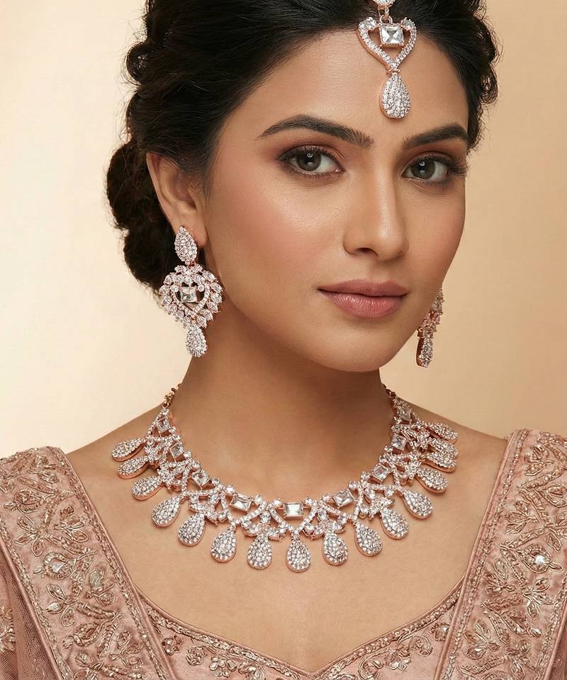 White rose gold premium designer american diamond and stone work necklace set