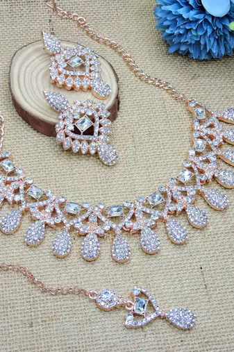 White rose gold premium designer american diamond and stone work necklace set