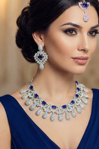Blue rhodium premium designer american diamond and stone work necklace set