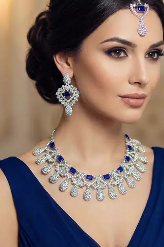 Blue rhodium premium designer american diamond and stone work necklace set