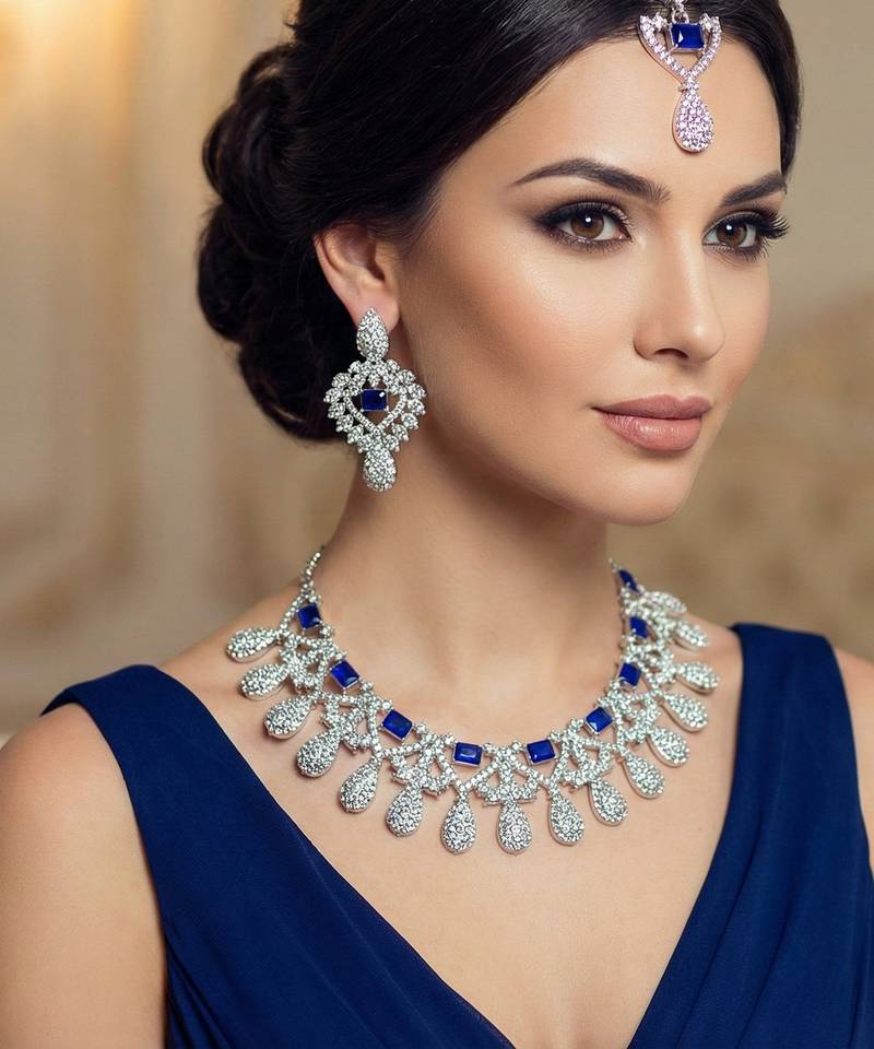 Blue rhodium premium designer american diamond and stone work necklace set