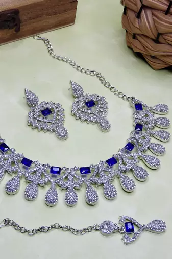 Blue rhodium premium designer american diamond and stone work necklace set