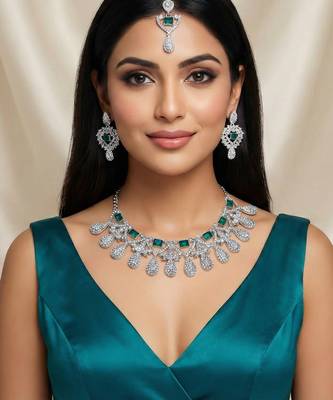 Green rhodium premium designer american diamond and stone work necklace set 1