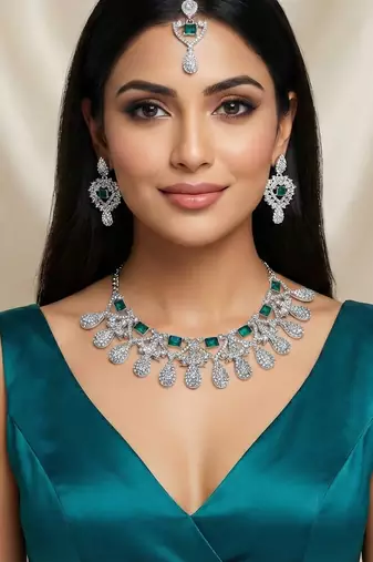 Green rhodium premium designer american diamond and stone work necklace set