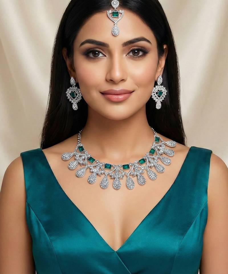 Green rhodium premium designer american diamond and stone work necklace set