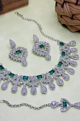 Green rhodium premium designer american diamond and stone work necklace set