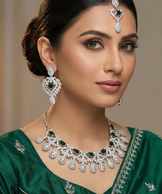 Green rhodium premium designer american diamond and stone work necklace set 1