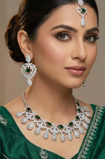 Green rhodium premium designer american diamond and stone work necklace set